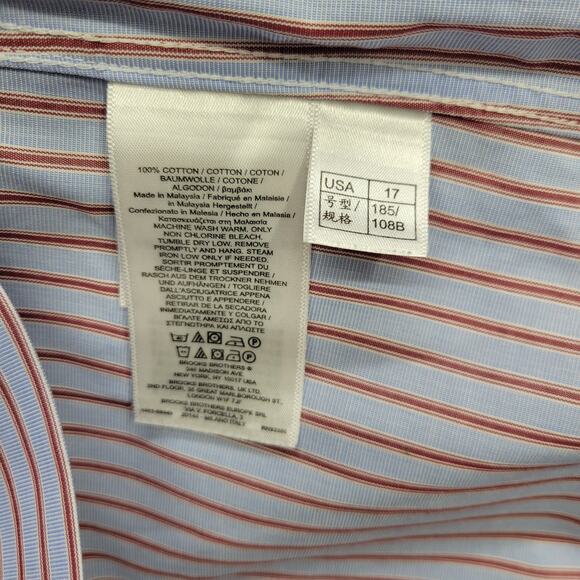 Brooks Brothers Men's Size 17 Long Sleeve Dress Shirt Light Blue Maroon Stripes - Picture 4 of 8